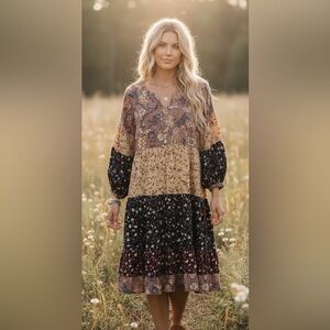 Umgee Boho Bohemian Patchwork Peasant Baby Doll Shift Dress Sz M Phoebe Buffay